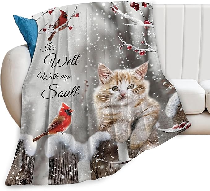 Cardinal Cat Blanket Christmas Decor Throw Blankets Cozy Fleece Flannel Soft Warm Plush Lightweight Bedding Blanket Cat Gifts for Women Cat Lover Men Adults Girls Boys for Couch Sofa Bed 40"X50"