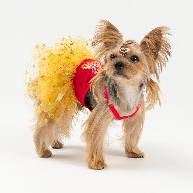 Fitwarm Sleigh Girl Sleigh Dog Tutu Dress, Fancy Christmas Clothes for Small Dogs Girl, Funny Holiday Pet Outfit, Red, Golden Yellow, XXS