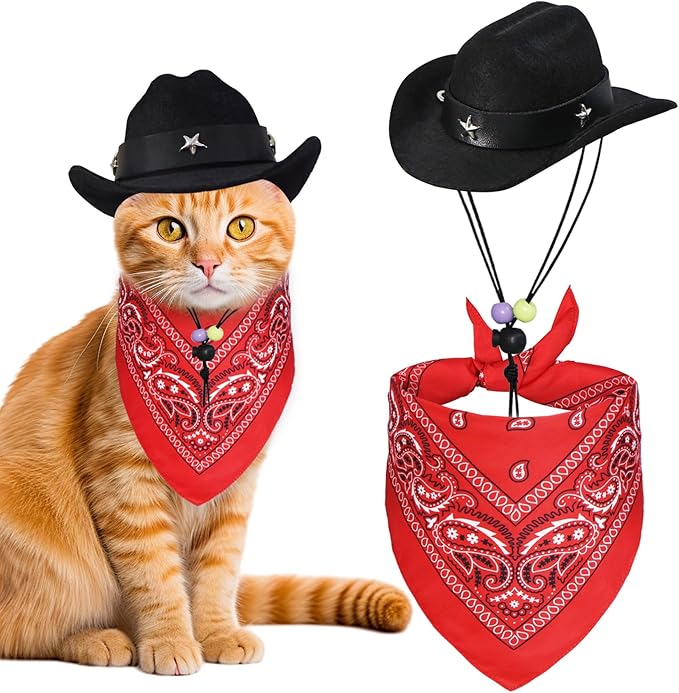 GOYOSWA Cat Cowboy Costume, Cat Halloween Costumes Funny Pet Cowboy Hat and Bandana Set for Cats Kittens Pets (Black)