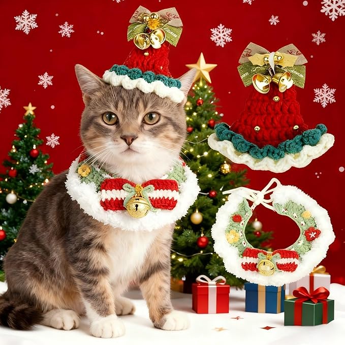 Christmas Dog Costume, Handmade Cat Holiday Outfit with Christmas Tree Hat & Wreath Scarf Set, Adjustable,Lightweight & Breathable,Pet Accessories for Rabbits Xmas Party & Photos