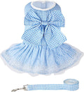 Dog Dress Plaid with Bowknot Cute Dress for Small Dog Cat Puppy Outfits with Harness Leash（ Blue，Medium ）