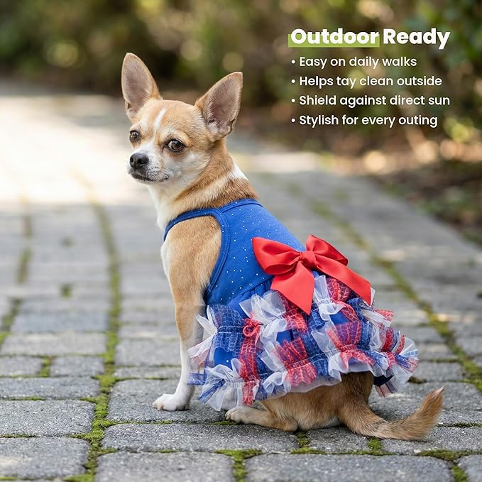 Fitwarm Patriotic Sparkly Tiered Dog Tutu Dress, 4th of July Outfit for Small Dogs Girl, Festive Pet Clothes, Red, White, Blue, XS