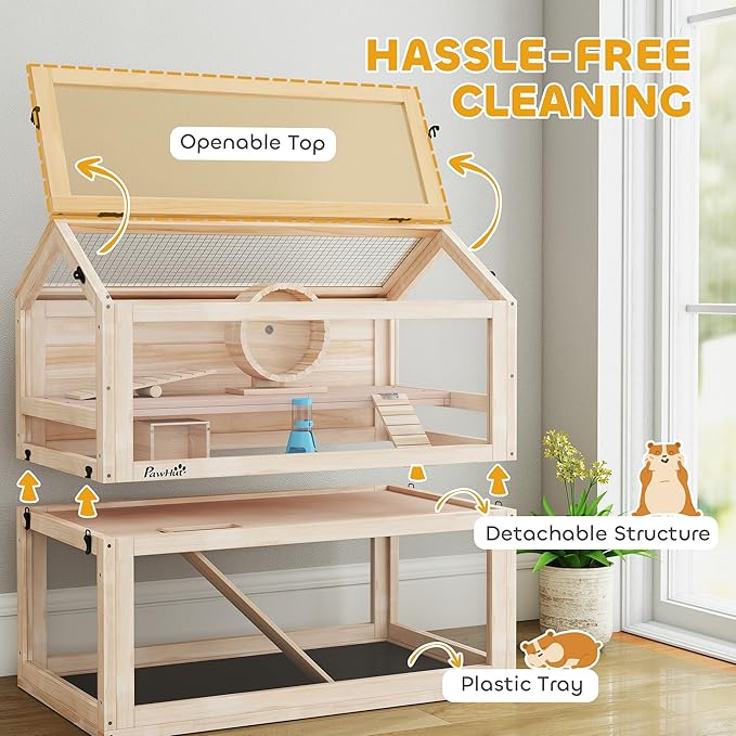 PawHut Wooden Hamster Cage, 3-Tier Small Animal Cage with Hut, Seesaw, Ramps, Exercise Wheel, Acrylic Panel and Bottom Tray, Dwarf Hamster Habitat for Small Geibil, Mice, 30" x 18" x 30"