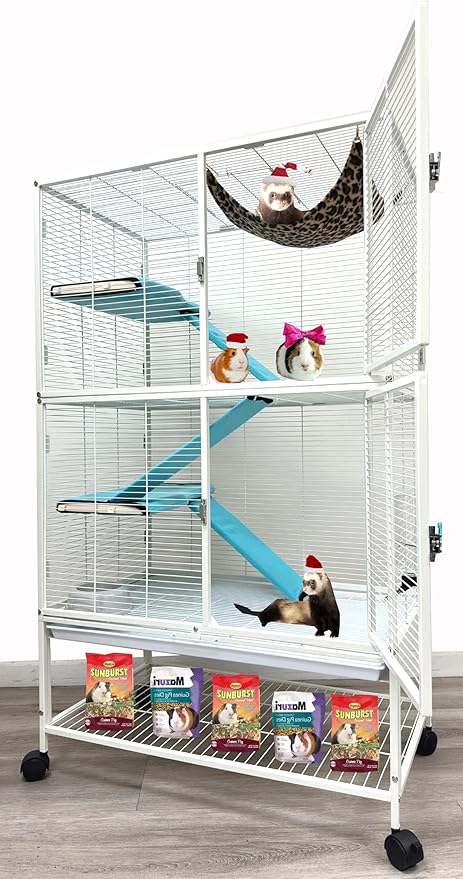 X-Large 31"x18.5"x53.5"H Deluxe Double Unit 4-Tiers Tight 1/2-Inch Bar Spacing Double Large Front Doors Feisty Ferret Squirrel Hammock Chinchilla Rat Hamster Gerbil Small Animal Critter Rolling Cage