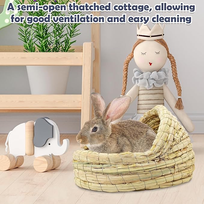 kathson Rabbit Grass House Bunny Woven Hay Bed Guinea Pig Hideout Hand Woven Natural Grass House for Hamster and Small Animals with Hay Chew Balls Toys
