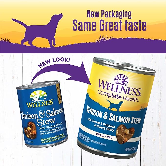 Wellness Complete Health Canned Wet Dog Food, Venison & Salmon Stew, 12.5-Ounce Can (Pack of 12)