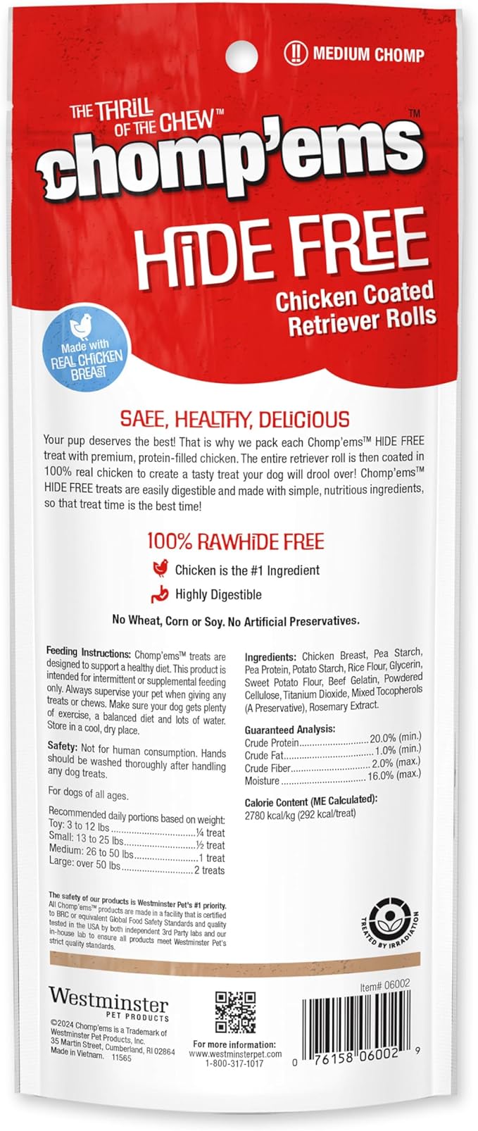 CHOMP 'EMS Chicken Hide Free Dog Chews - Rawhide Free Dog Treats - No Hide Alternative Chew Treat for All Life Stages, Roll, 7", 2 Count
