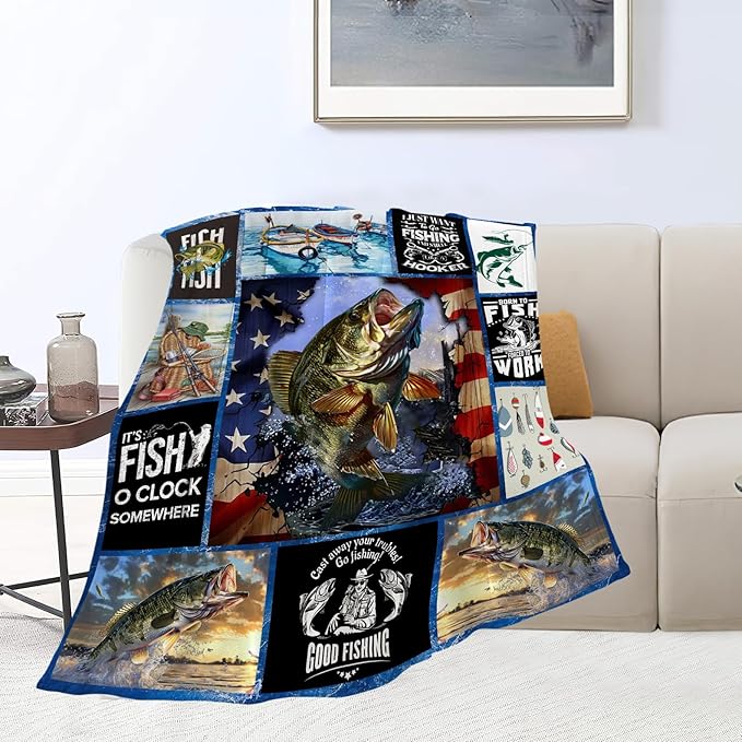 Fishing Blanket Fish Throw Blankets Cozy Fleece Flannel Blanket Fishing Stuff Bedding Fishing Gifts for Men Fisherman Who Loves Fish for Couch Sofa Bed Decor 50"X60"