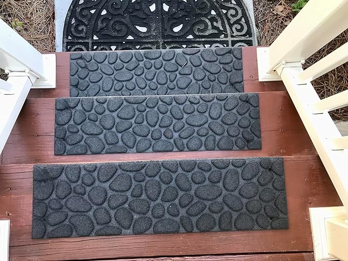 Aucuda 6pcs 8.5" x 30" Stair Treads Outdoor for Elders and Dogs on Wooden Steps, Non Slip Stair Runner Rug Heat Insulation Rubber Backing, Gray Stone Staircase Mat Carpet for Indoor Grip Farmhouse.