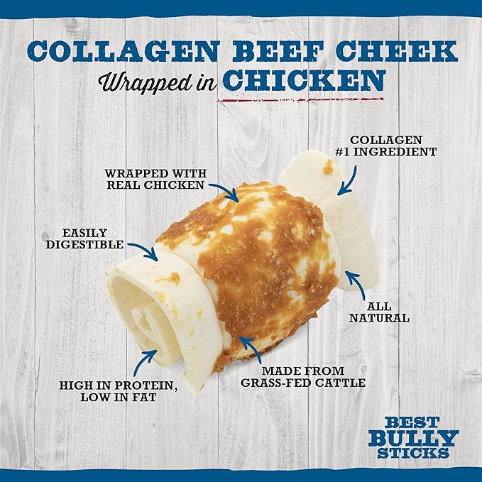 Best Bully Sticks Chicken-Wrapped Beef Cheek Treats - Medium 4 Count (Pack of 1) - All-Natural, Collagen-Rich, Healthy Dog Treats