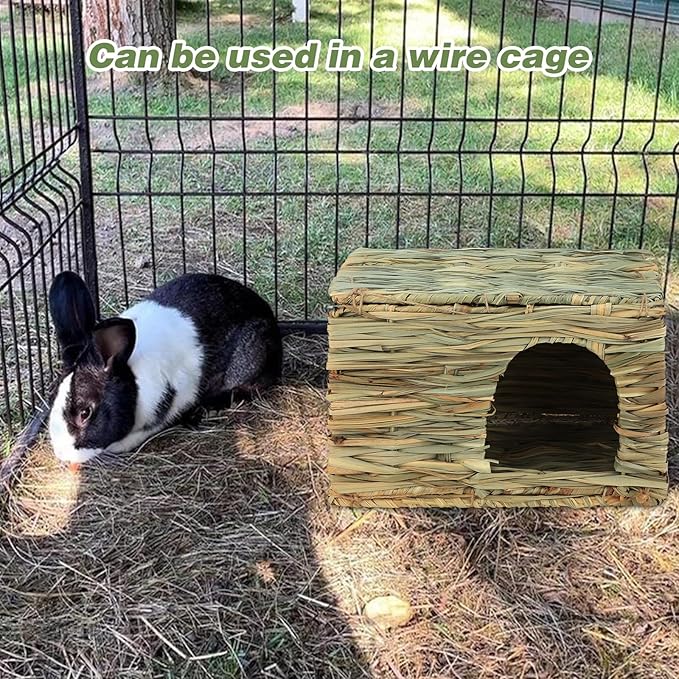 BWOGUE Large Bunny Grass House Natural Seagrass Bed Hideaway Toy Rabbit Hideout Hay Mat Chew Toys Guinea Pig Comfortable Hut for Bunny Hamster Chinchilla Small Animals