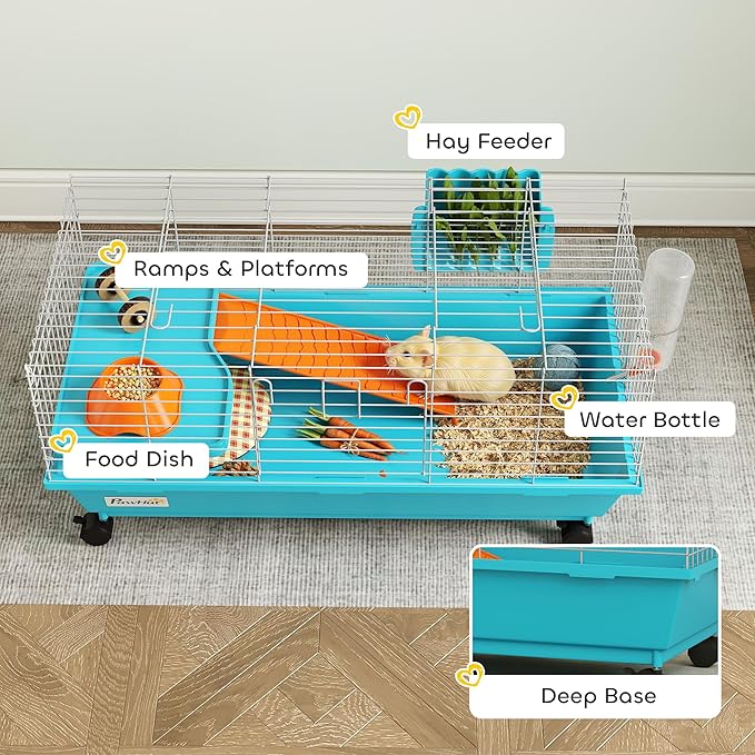 PawHut 35" L Small Animal Cage, Rolling Bunny Cage, Guinea Pig Cage with Food Dish, Water Bottle, Hay Feeder, Platform, Ramp for Chinchilla, Blue