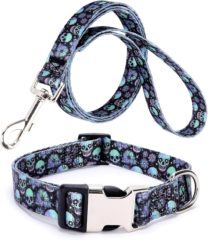 Puppy Collar and Leash Set, Pretty Design Print Purple Skull Pet Collars for Small Medium Large Breed Male Dogs Boys Cats, XS