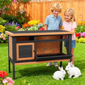 Wooden Rabbit Hutch Elevated Bunny Cage Indoor Outdoor, 43.3" Small Animal House with No Leak Tray Feeding Trough and Openable Asphalt Roof for Guinea Pigs Quails Ducks & Hedgehogs (Brown)