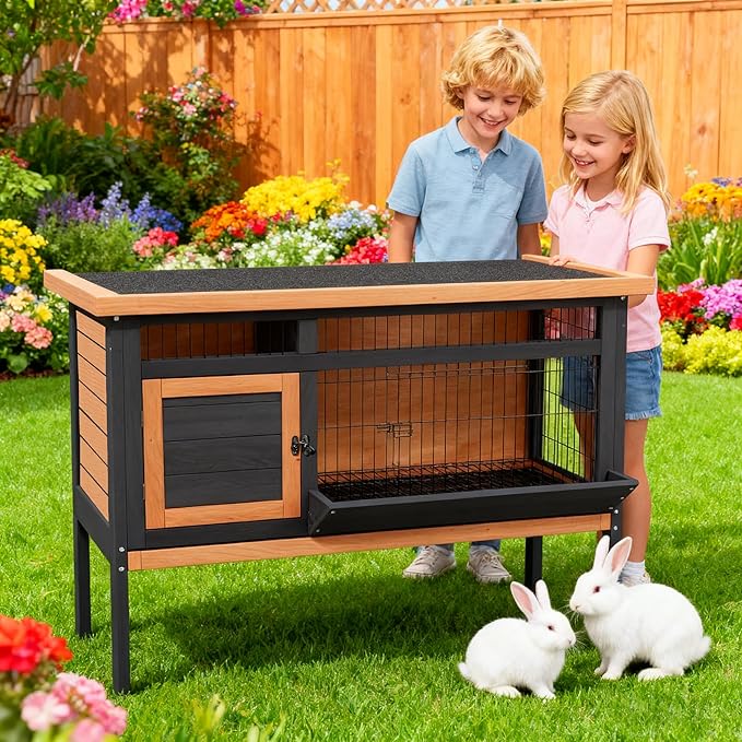 Wooden Rabbit Hutch Elevated Bunny Cage Indoor Outdoor, 43.3" Small Animal House with No Leak Tray Feeding Trough and Openable Asphalt Roof for Guinea Pigs Quails Ducks & Hedgehogs (Brown)