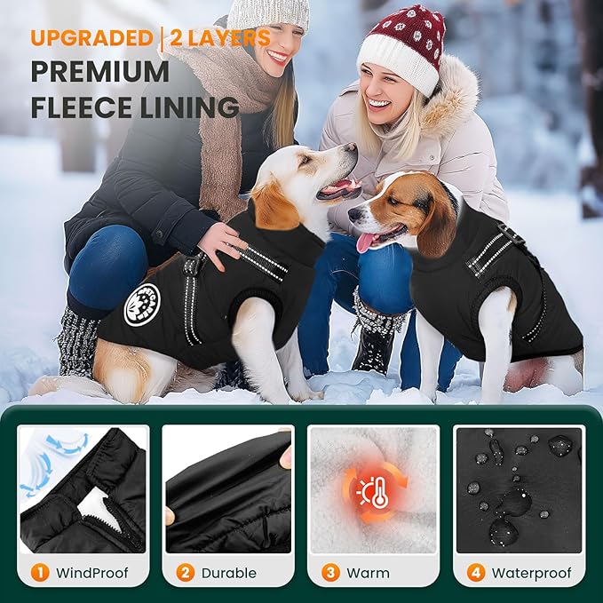 PETCARE Winter Dog Coat with Harness Built in Waterproof Dog Jackets Warm Pet Fleece Vest Windproof Snow Jacket Snowsuit Reflective Dogs Cold Weather Coats for Puppy Small Medium Large Dogs Cats