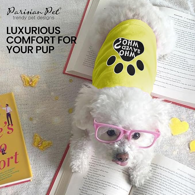 Parisian Pet Dog Shirt – 100% Cotton Shirts for Medium Dogs - Sleeveless Yellow Puppy Vest with Paw Print – Breathable Pet Apparel – Pullover Summer Dog Clothes - Stretchy Funny T Shirts for Dogs