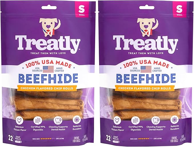 USA Beefhide Chip Rolls 5-6" Dog Chew Treats - Chicken Flavor, 22 Count/2 Pack