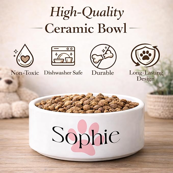 Custom Dog Bowl | Personalized Food & Water Dish with Name | Microwave & Dishwasher Safe Ceramic Pet Feeding Bowl | Gift Idea for New Puppy Owners | White – Large