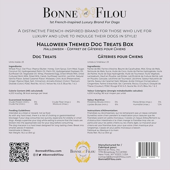 Bonne et Filou Dog Treats, Gift Box Human Grade Gourmet Treats 23 Luxury Spooky Delights with Dog Macarons, Truffles & Bones Healthy Snacks for Small to Large Breeds