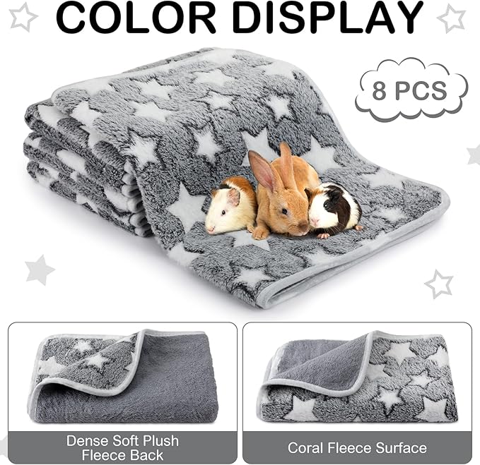 Tudomro 8 Pcs Guinea Pig Blankets Washable Small Pet Fleece Bedding Cage Liners Double Sided Pet Reusable Sleep Mat Pad Cover for Ferret Chinchilla Furniture Protection(Grey Star,12 x 12 Inch)