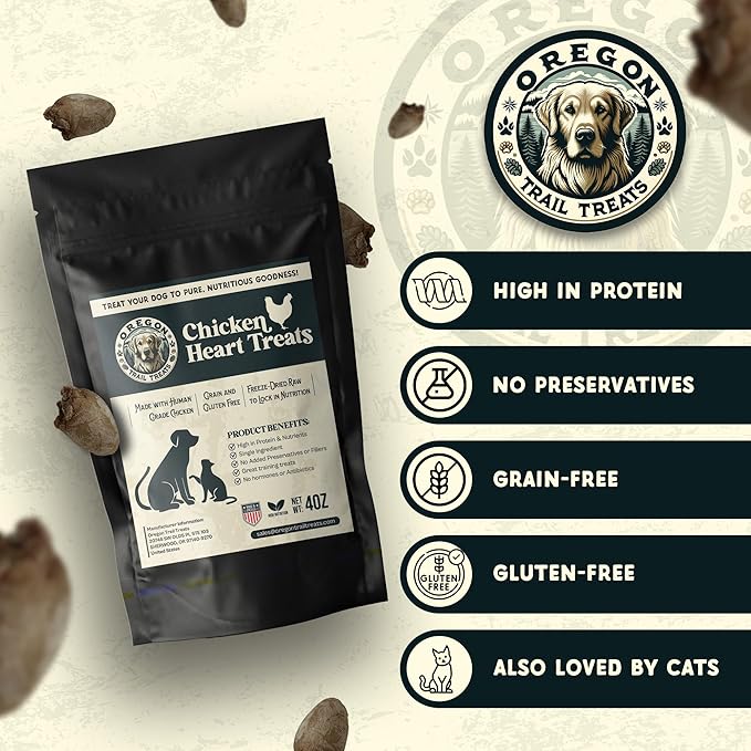 Oregon Trail Treats Freeze Dried Chicken Hearts 4oz - Premium Single Ingredient Cat & Dog Chicken Treats - No Preservatives, Zero Gluten or Grain - Made in The USA