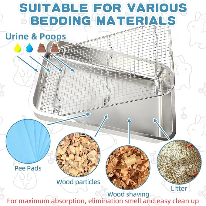 FHTONGE Extra Large Stainless Steel Rabbit Litter Box for Cage, Steel Litter Pan for Guinea Pig Ferret Rat Chinchilla Hedgehog Hamster, Rectangular Metal Bunny Potty Trainer Tray Pet Toilet Traine