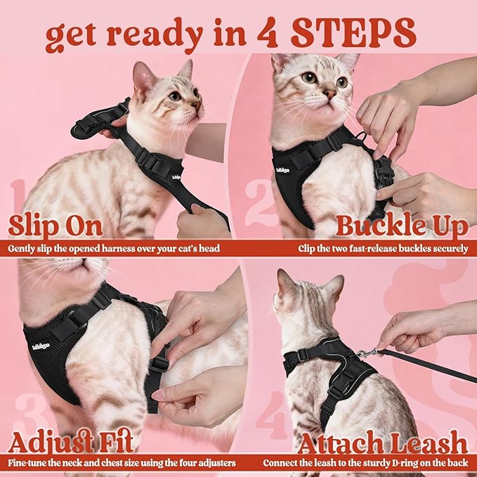 rabbitgoo Cat Harness and Leash for Walking, Escape Proof Soft Adjustable Vest Harnesses for Cats, Easy Control Breathable Reflective Strips Jacket, Black, S