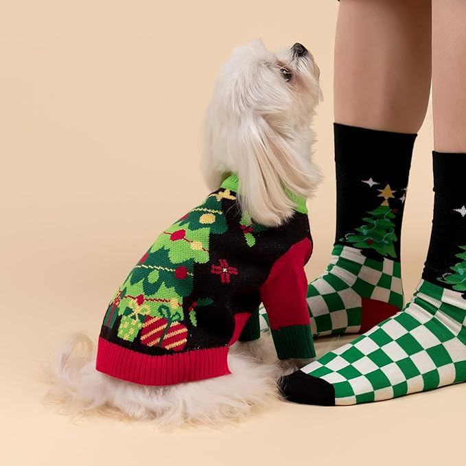 Fitwarm Christmas Tree Dog Sweater, Thermal Dog Winter Clothes for Small Dogs Boy Girl, Cozy Dog Christmas Outfit, Doggy Pullover Jumper, Holiday Pet Apparel, Black, Red, Green, Yellow, XL
