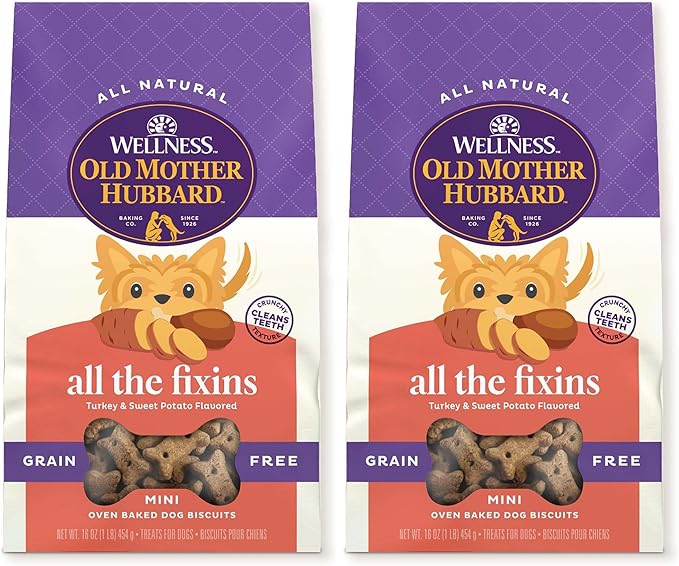 Old Mother Hubbard Wellness All The Fixins Dog Biscuits, Natural, Training Treats, Turkey & Sweet Potato Flavor, Mini Size (16 Ounce Bag) (Pack of 2)
