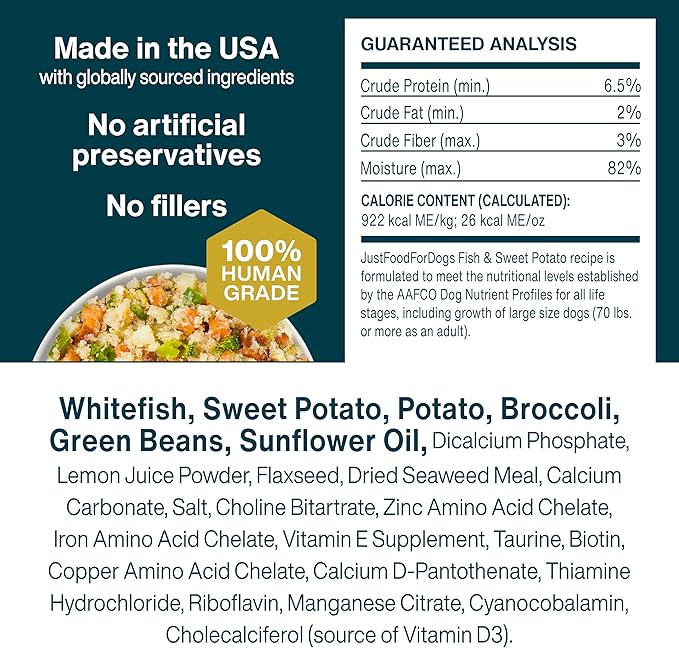 JustFoodForDogs Frozen Fresh Dog Food, Complete Meal or Dog Food Topper, Fish & Sweet Potato Human Grade Dog Food Recipe, 18 oz (Pack of 21)
