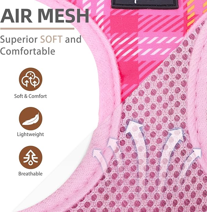 PUPTECK Dog Harness and Leash Set for Small Medium Dogs No Pull Step-in Soft Mesh Puppy Cat Vest Harnesses Reflective at Night, Plaid Pattern Pink XS