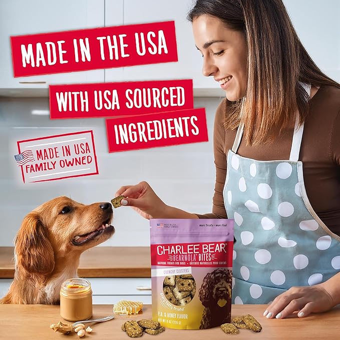 Charlee Bear Crunchy Dog Treats, Bearnola Bites Peanut Butter and Honey, Puppy Training Treats, Vegan Dog Snacks, 8 oz Bags (2), Made USA