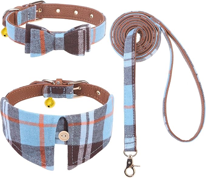 EXPAWLORER Dog Leash and Collar Set - Classic Plaid Medium Dog Collar with Bow Tie, 360 Swivel No Tangle Dog Leash, Adjustable Dog Collar for Small Medium Dogs Cats, Sky Blue M