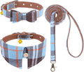 EXPAWLORER Dog Leash and Collar Set - Classic Plaid Medium Dog Collar with Bow Tie, 360 Swivel No Tangle Dog Leash, Adjustable Dog Collar for Small Medium Dogs Cats, Sky Blue M