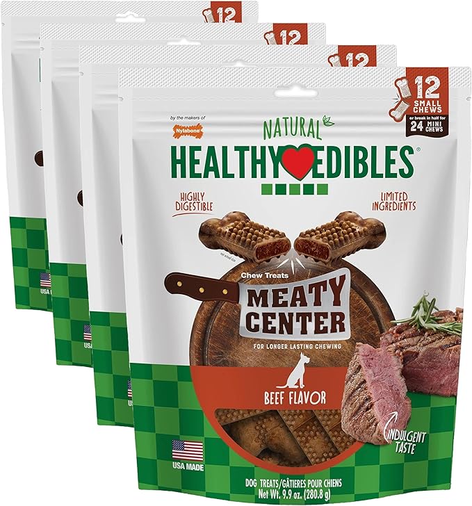 Nylabone Healthy Edibles Natural Dog Chews Long Lasting Meaty Center Beef Flavor Treats for Dogs, Small (12 Count) (Pack of 4)