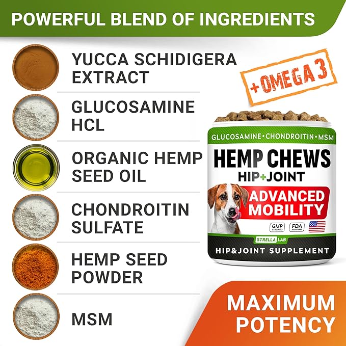 Advanced Hemp + Glucosamine Dog Joint Supplement - Hip Joint Pain Relief - Mobility Chews for Dogs - Chondroitin, MSM, Omega - Made in USA - Lamb Flavor - 120 Hemp Treats