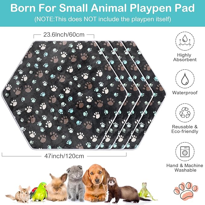 Preboun 4 Pcs 47 in Guinea Pig Playpen Pad Waterproof Hexagon Mat Reusable Dog Playpen Liner for Small Animal Rabbit Cage Tent Pee Pad Washable Yard Fence(Black Paw)
