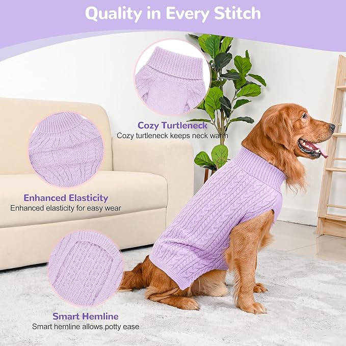 2 Pack Dog Sweaters for Large Dogs Winter Turtleneck Pullover Cable Knit Fleece Stretch Pitbull Labrador Golden Retriever Doberman Bulldog Boy Girl Pet Clothes (XXL, Pink & Purple)