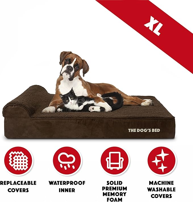 The Dog’s Bed Orthopedic Memory Foam Dog Bed with Headrest, Calming Surface – CertiPUR-Certified Foam, Plush Fabric, Brown Plush, XL, 6-Inch