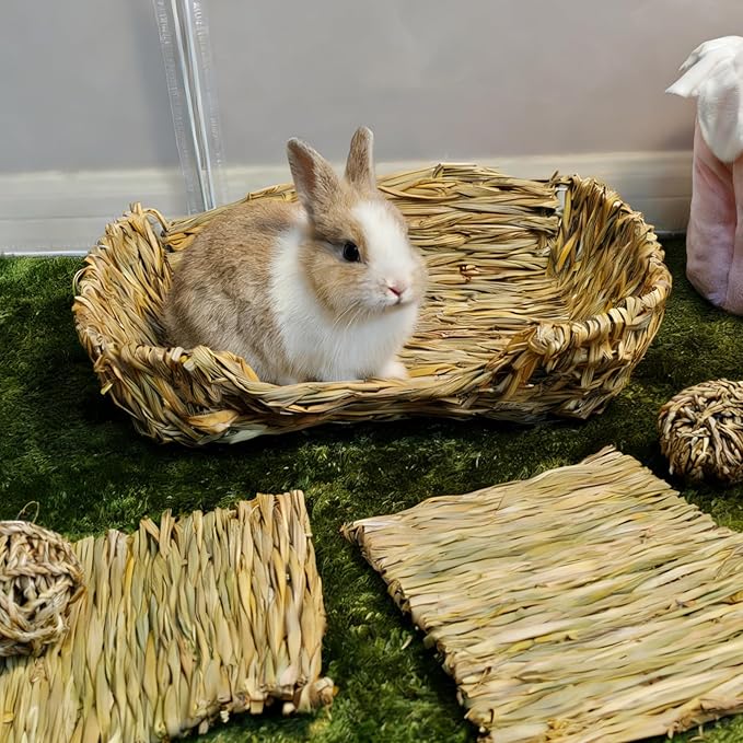 Hamiledyi Ex-Large Rabbit Grass Bed Natural Handmade Hay Mat Chew Balls for Drawf Rabbit Bunny Chinchilla Guinea Pig Ferret Hedgehog Rat