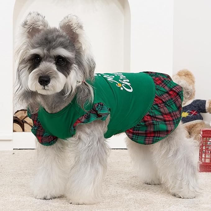 XPUDAC 4 Pack Christmas Dog Dress Plaid Puppy Clothes for Small Dogs Girl Cute Pet Outfit Doggy Apparel Cat Holiday Party Costume, Red, Green, S