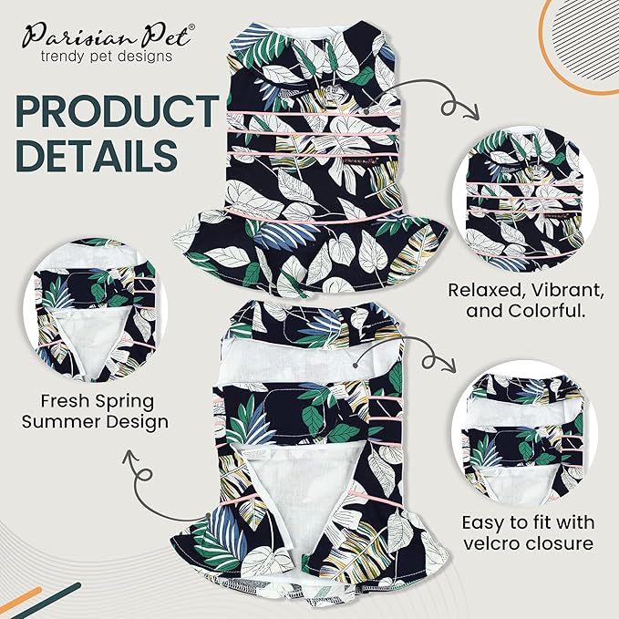 Parisian Pet Palm Dog Dress - 100% Cotton Summer Clothes for Large Dogs Girl - Tropical Leaf Pet Dress - Stylish Beach Dog Outfit - Lightweight Puppy Clothes - Green Dresses for Dogs