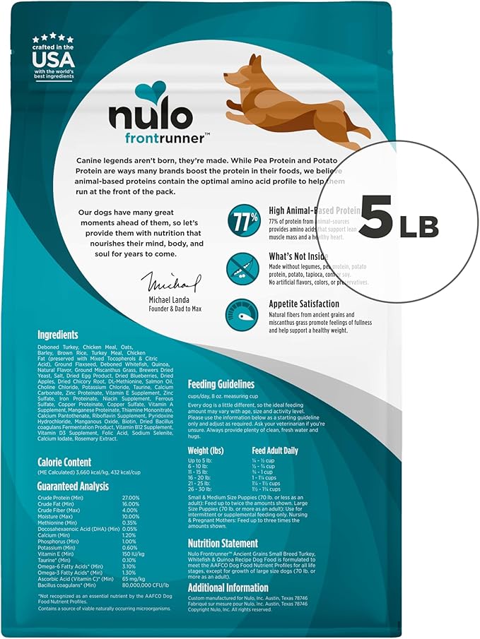 Nulo Frontrunner Dry Dog Food Small Breed - High-Protein Turkey, Whitefish & Quinoa Recipe, Natural Puppy & Adult Dog Food, Small Sized Kibble with Probiotics, Taurine, Omega 3, 14lb Bag