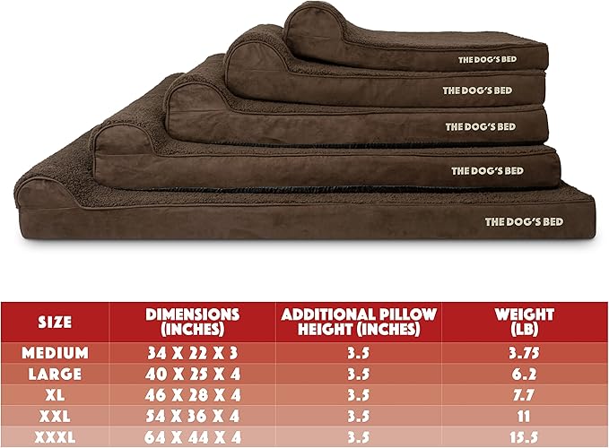 The Dog’s Bed Orthopedic Memory Foam Dog Bed with Headrest, Calming Surface – CertiPUR-Certified Foam, Plush Fabric, Brown Plush, XXL, 4-Inch