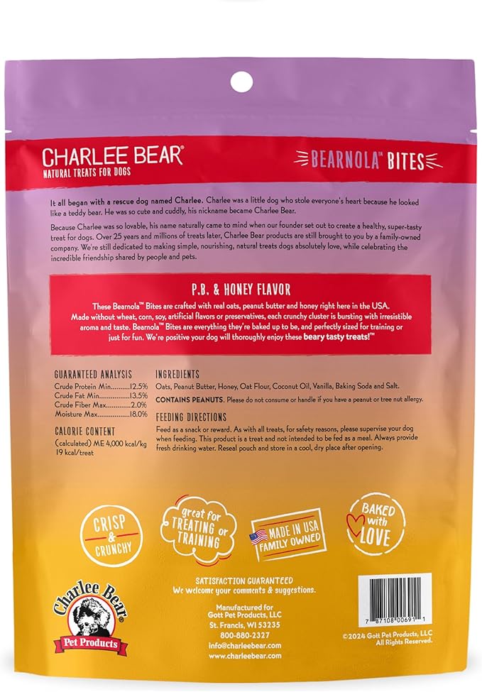Charlee Bear Crunchy Dog Treats, Bearnola Bites Peanut Butter and Honey, Puppy Training Treats, Vegan Dog Snacks, 8 oz Bags (2), Made USA