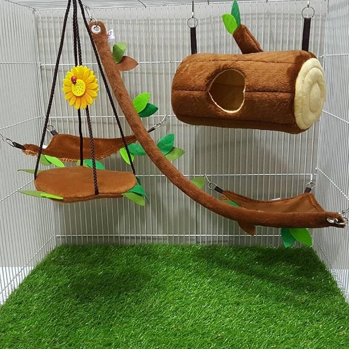 5 Pcs Sugar Glider Hamster Squirrel Chinchillas Small Pet Light Brown Log Cage Set Forest Pattern Get Free 1 Small Pet Treats, Polar Bear's Republic