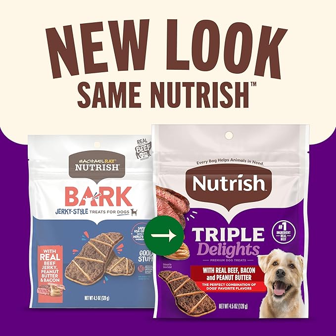 Nutrish Triple Delights Premium Dog Treats with Real Beef, Bacon, and Peanut Butter, 4.5 oz. Pouch, Pack of 5