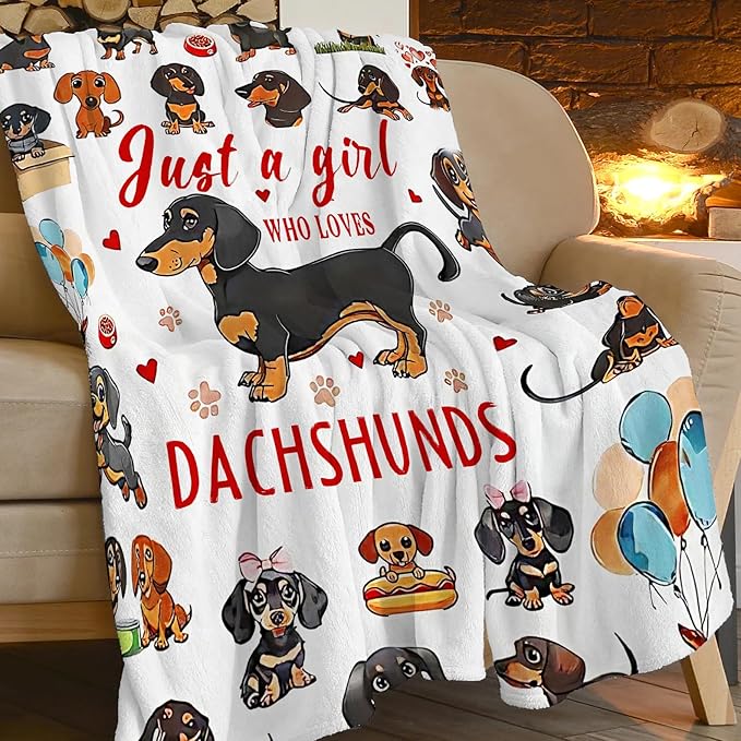 SweetFox Just A Girl Who Loves Dachshunds Blanket, Dachshund Dog Decor Throw Blanket Gifts for Girls Boys Lover Super Warm Soft Plush Fleece Flannel Bedding Blankets for Kids Adults Men Women 50"X40"