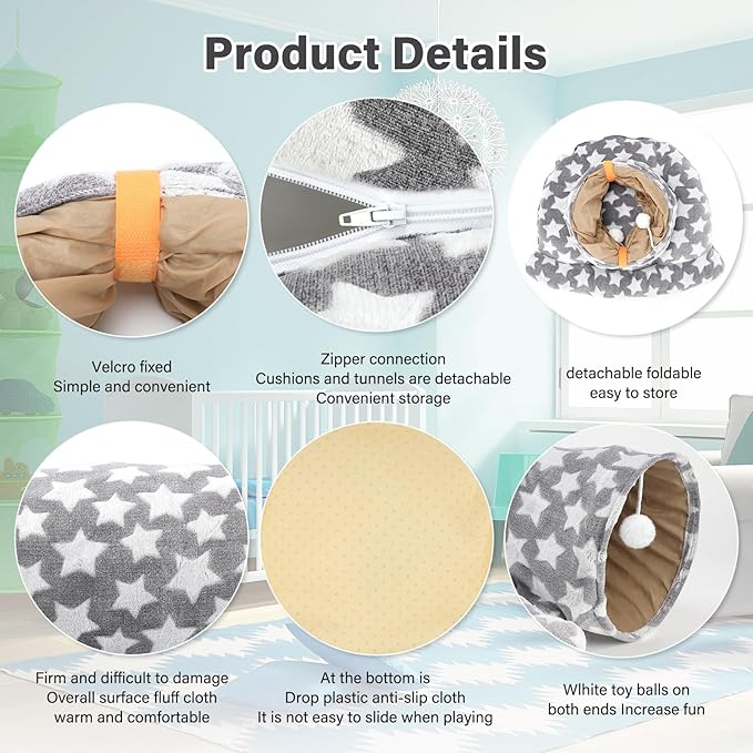 BWOGUE Bunny Tunnel Bed, 2-in-1 Collapsible Tunnel Tubes Toys with Removable Mat Hideout for Cats Kittens Rabbits Guinea Pigs Kitty (Greystar)
